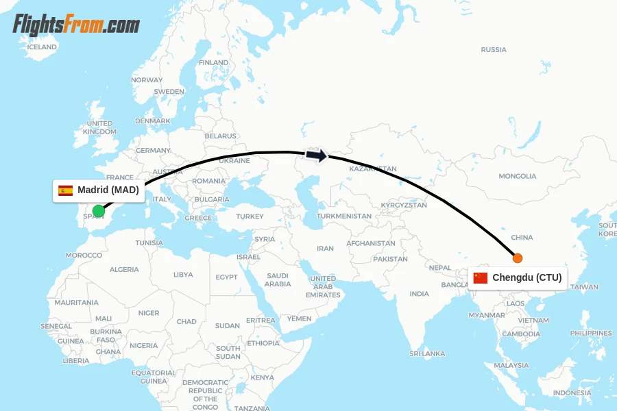 Flights from Madrid to Chengdu route map