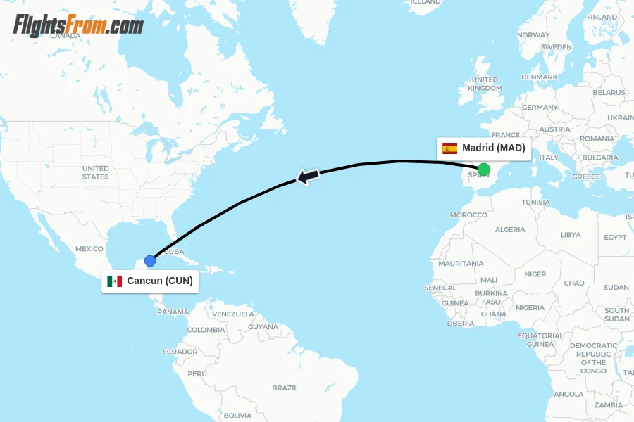Flights from Madrid to Cancun route map