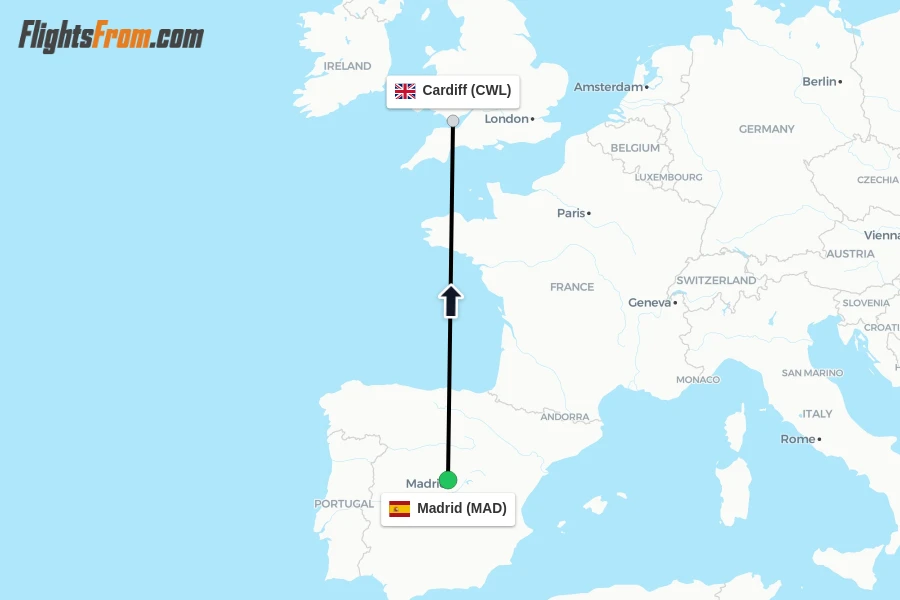 Flights from Madrid to Cardiff route map