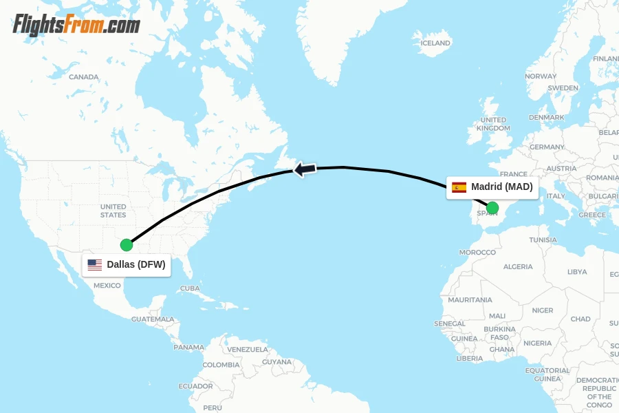 Flights from Madrid to Dallas route map