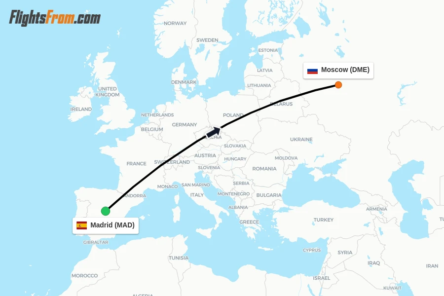 Flights from Madrid to Moscow route map