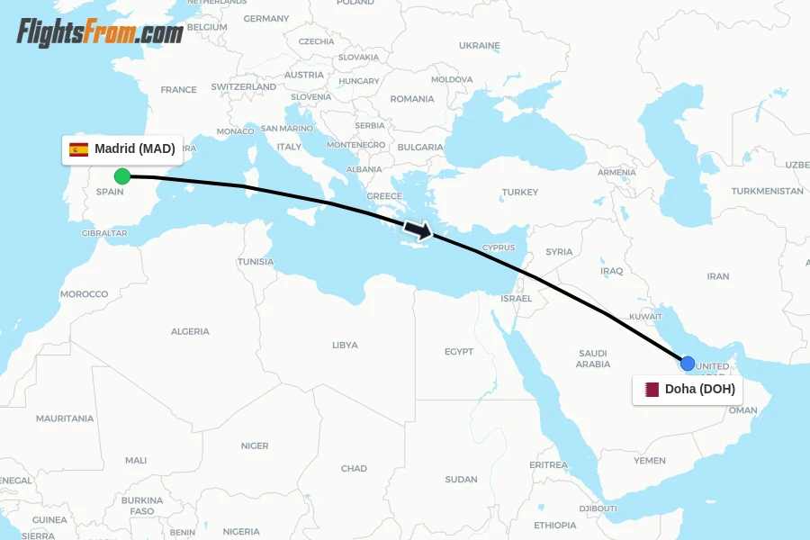 Flights from Madrid to Doha route map