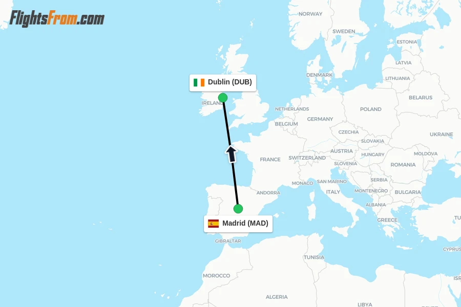 Flights from Madrid to Dublin route map