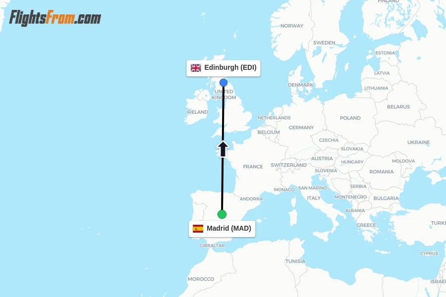Flights from Madrid to Edinburgh route map