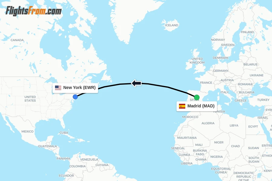 Flights from Madrid to New York route map
