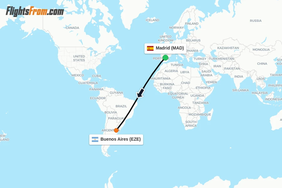 Flights from Madrid to Buenos Aires route map