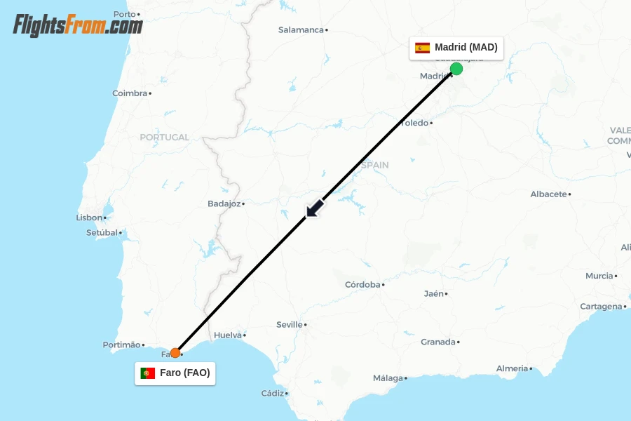 Flights from Madrid to Faro route map