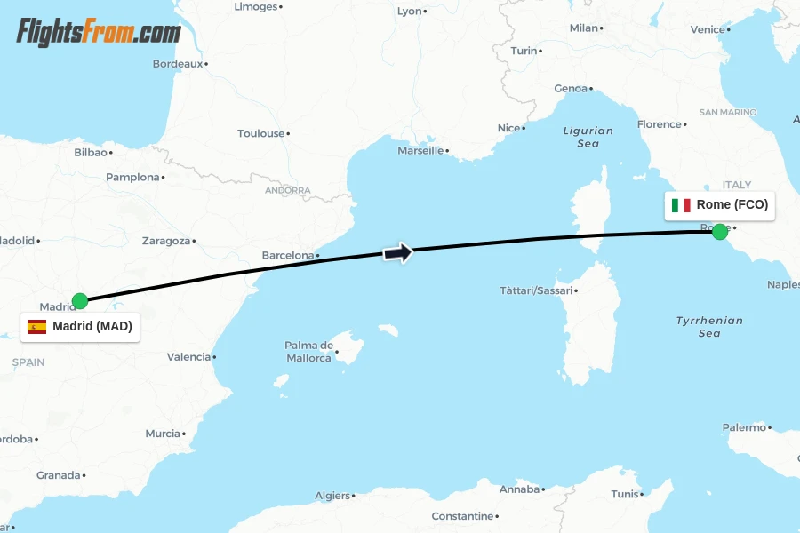 Flights from Madrid to Rome route map