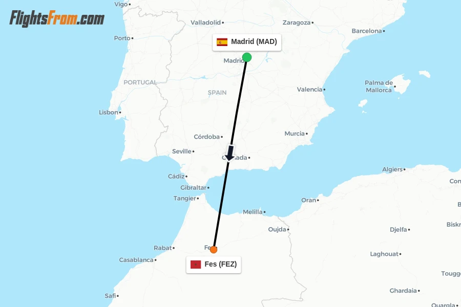 Flights from Madrid to Fes route map