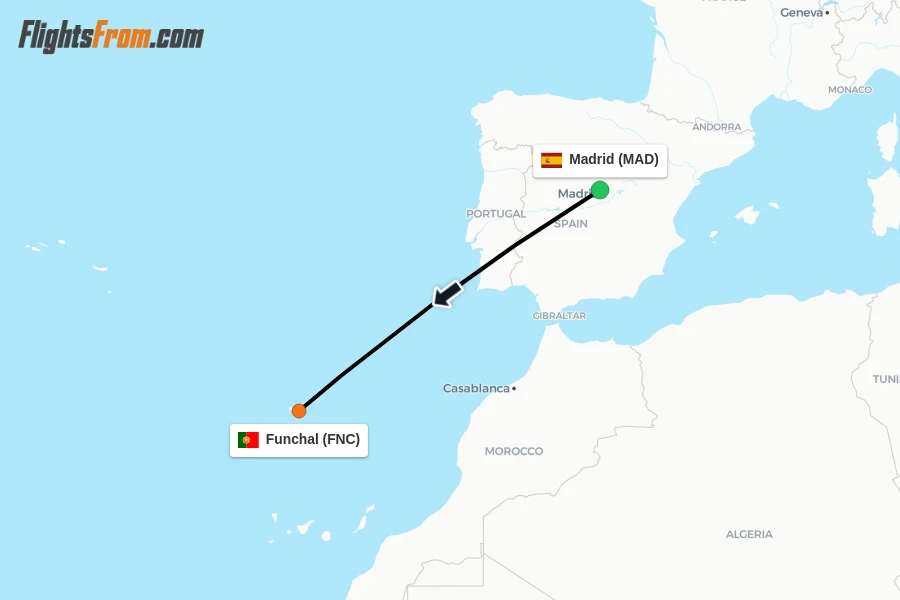 Flights from Madrid to Funchal route map