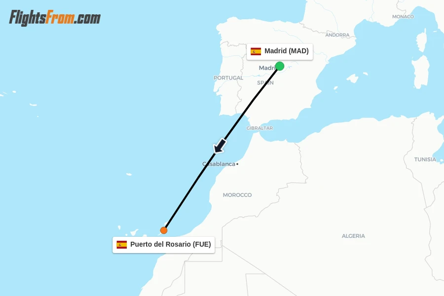 Flights from Madrid to Puerto del Rosario route map