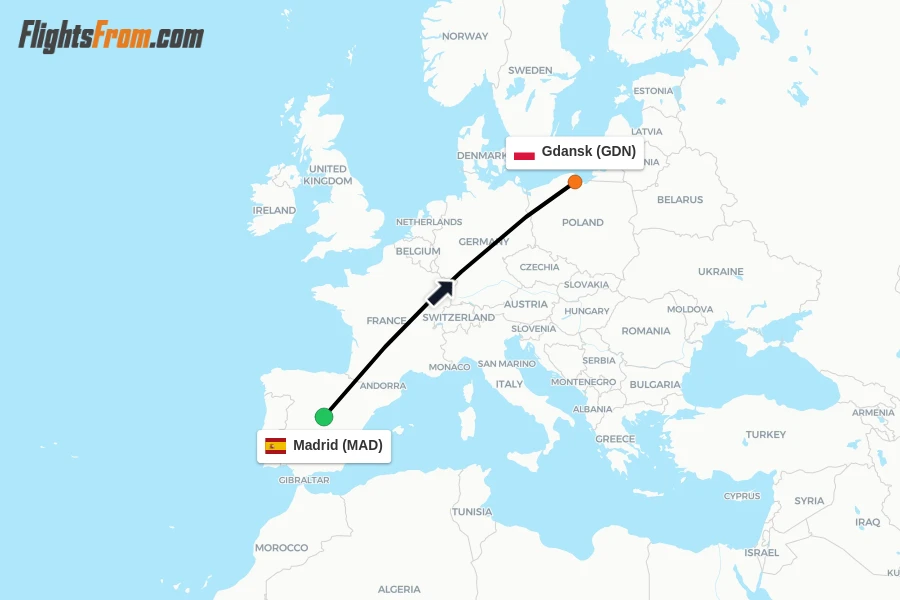 Flights from Madrid to Gdansk route map