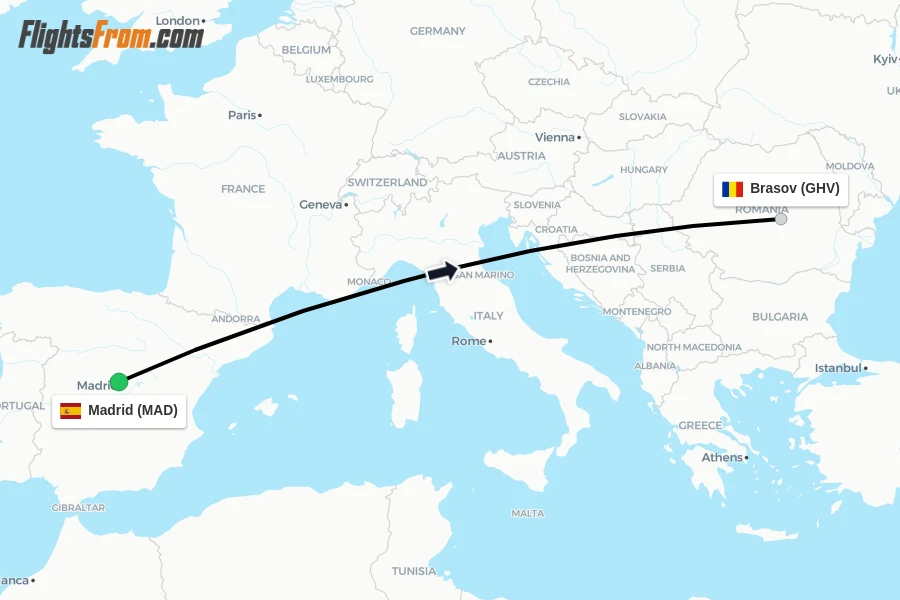 Flights from Madrid to Brasov route map