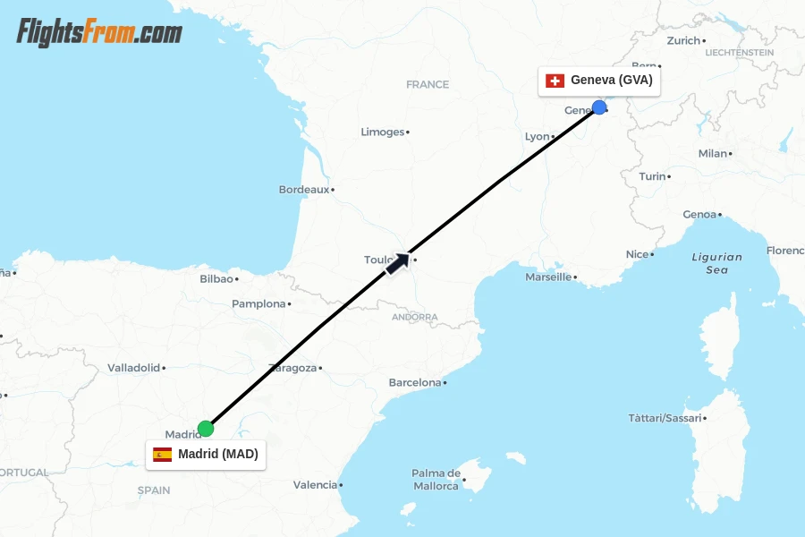 Flights from Madrid to Geneva route map