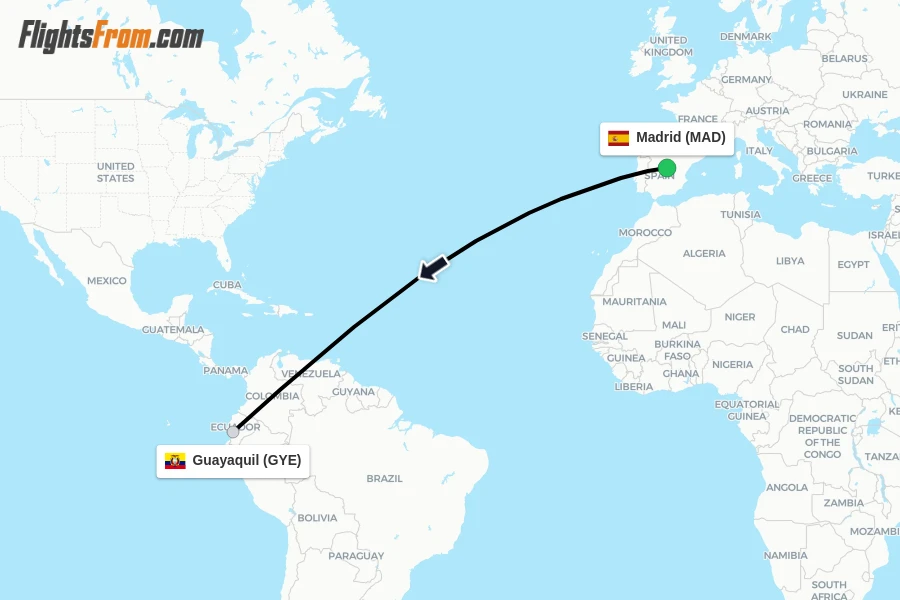 Flights from Madrid to Guayaquil route map