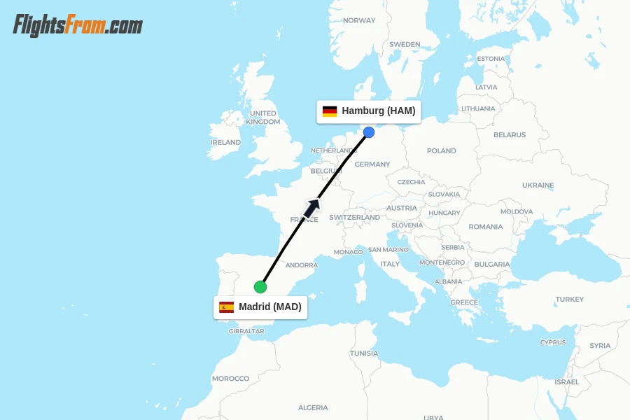 Flights from Madrid to Hamburg route map