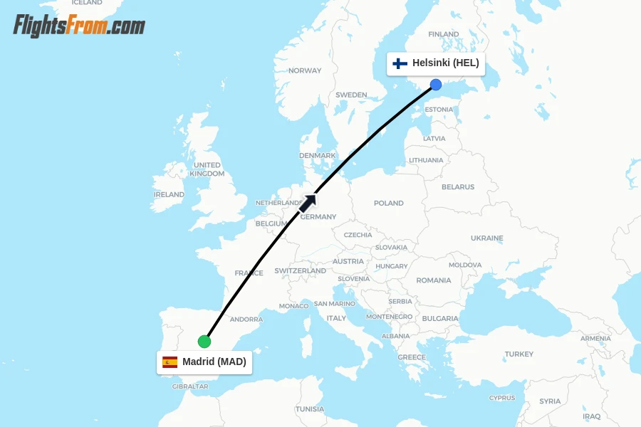 Flights from Madrid to Helsinki route map