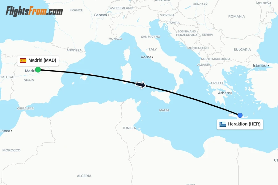Flights from Madrid to Heraklion route map