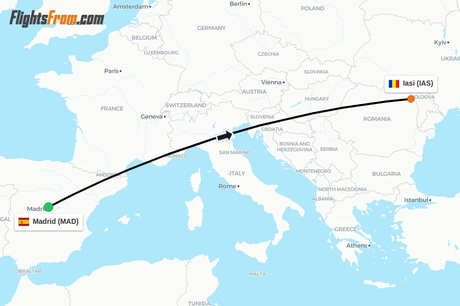 Flights from Madrid to Iasi route map
