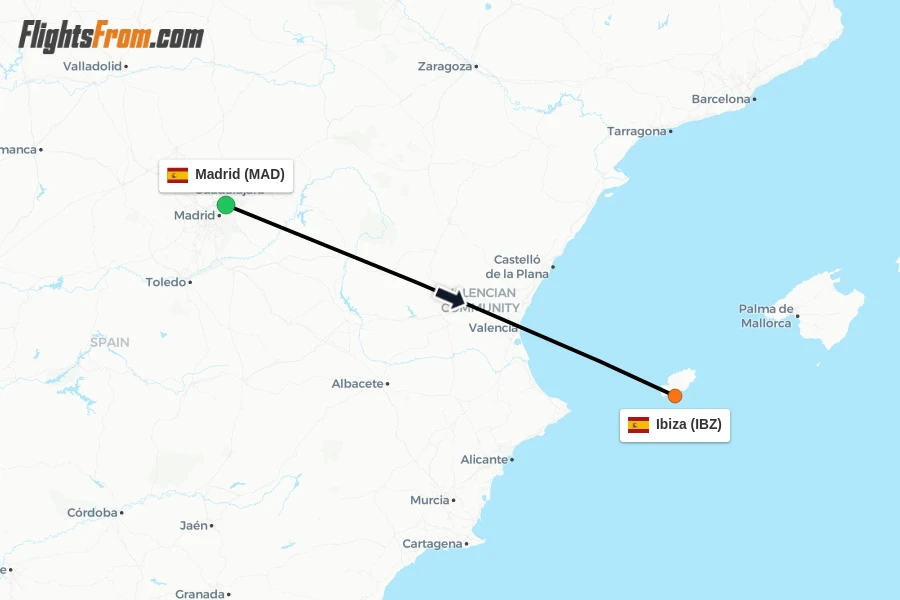 Flights from Madrid to Ibiza route map