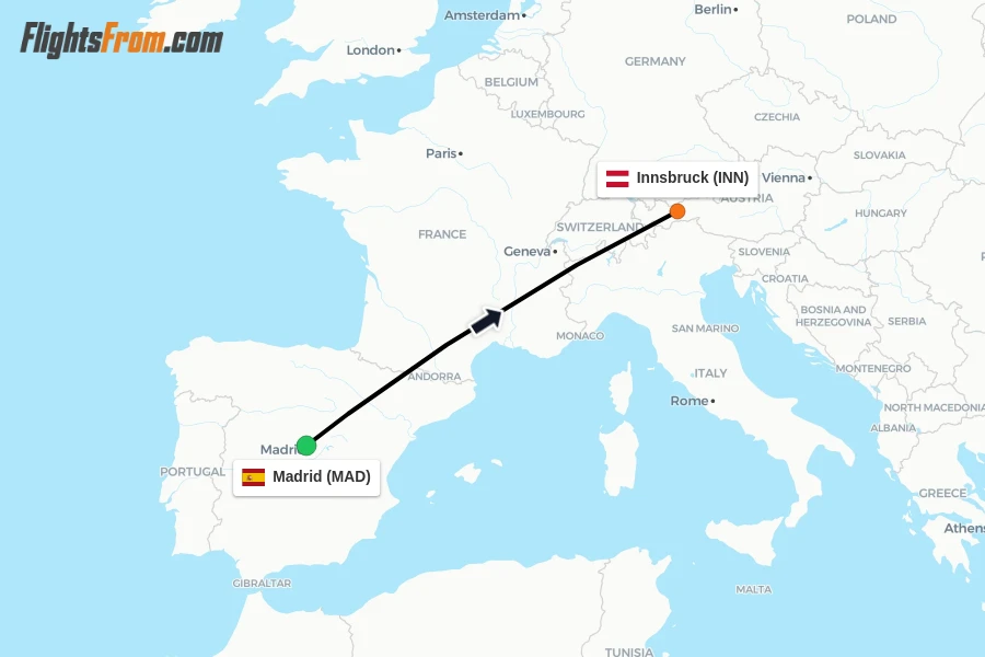 Flights from Madrid to Innsbruck route map