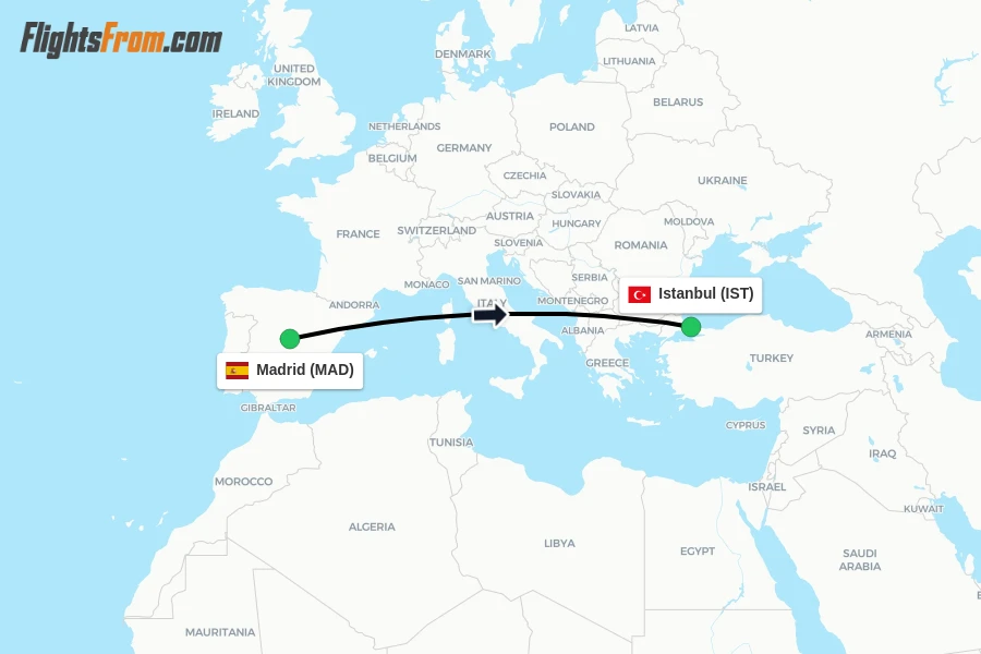 Flights from Madrid to Istanbul route map