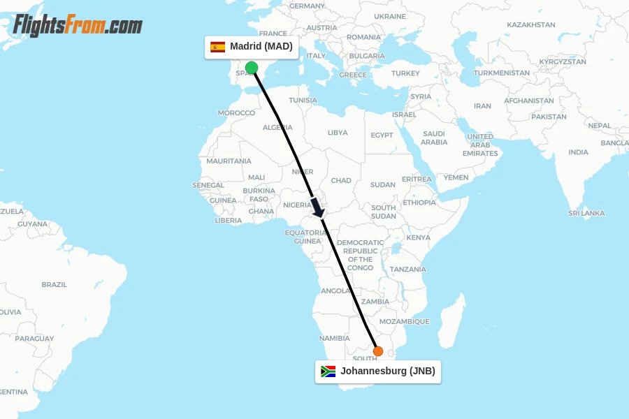 Flights from Madrid to Johannesburg route map