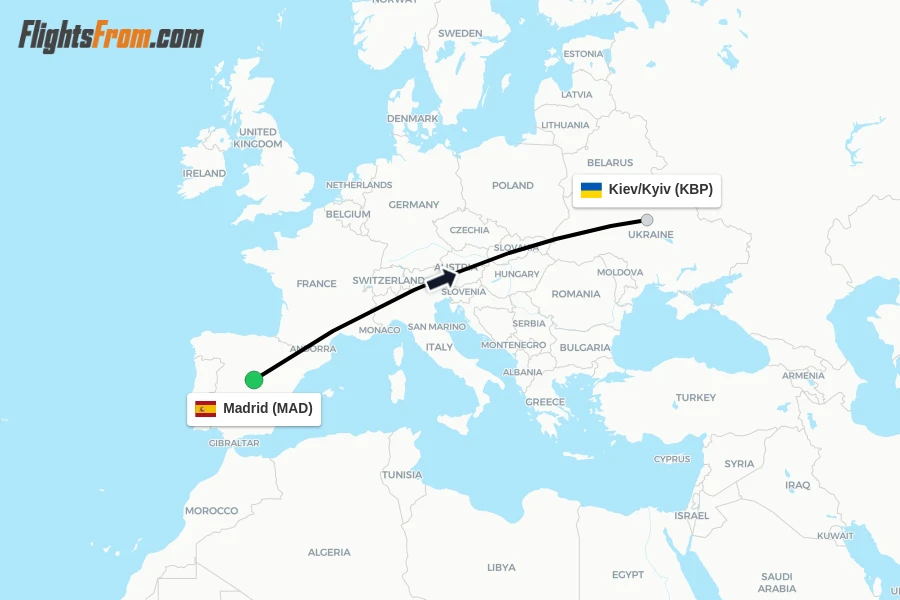 Flights from Madrid to Kiev/Kyiv route map