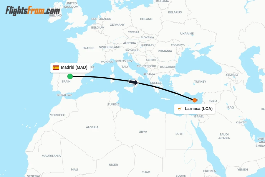 Flights from Madrid to Larnaca route map