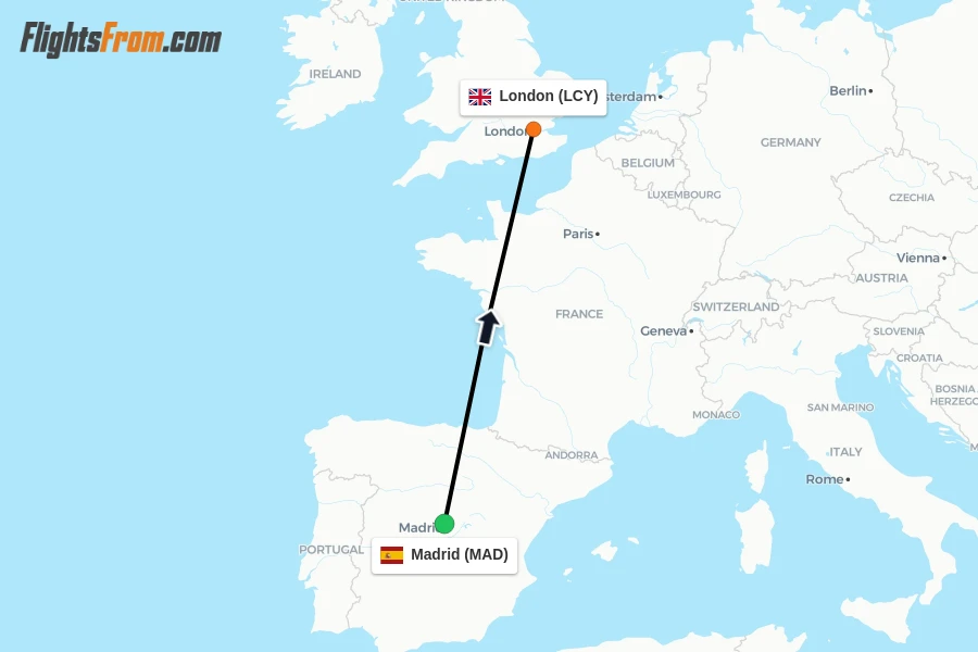 Flights from Madrid to London route map