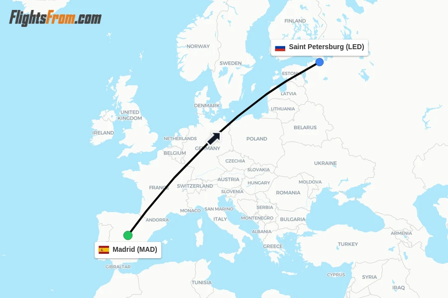 Flights from Madrid to Saint Petersburg route map