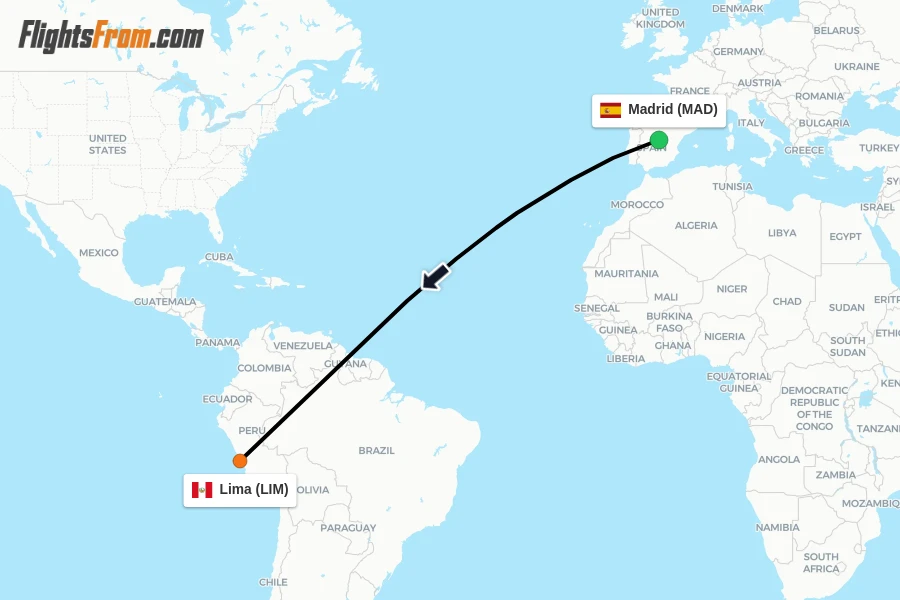 Flights from Madrid to Lima route map