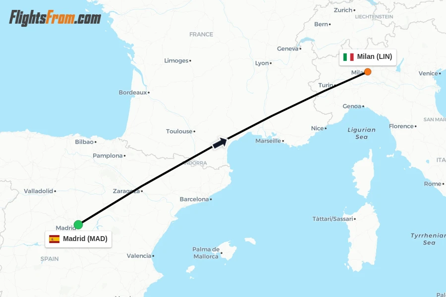 Flights from Madrid to Milan route map