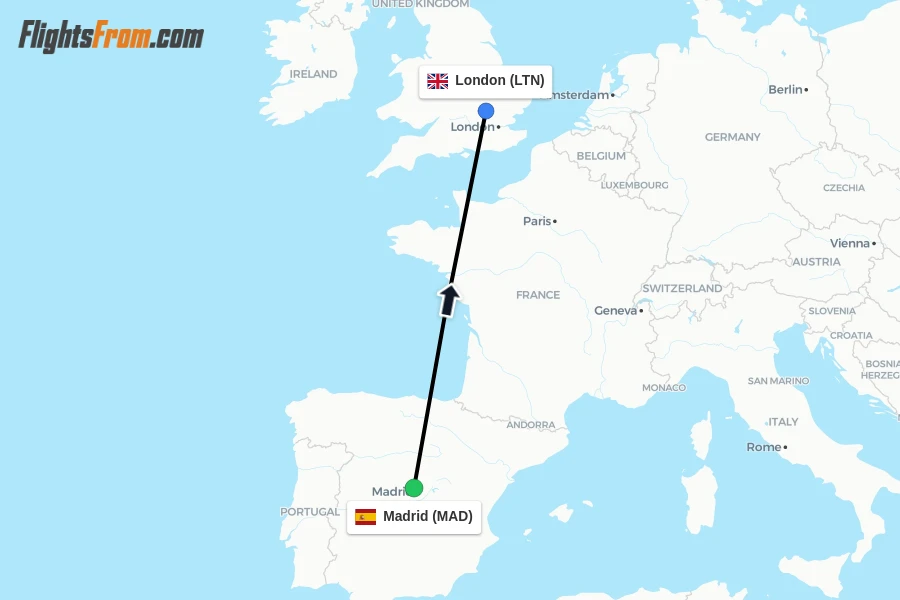 Flights from Madrid to London route map
