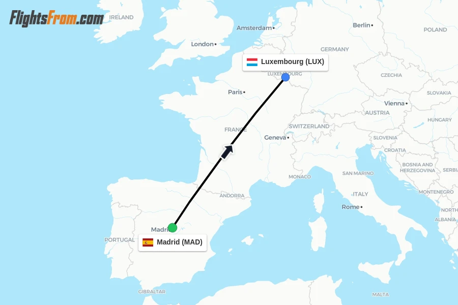 Flights from Madrid to Luxembourg route map