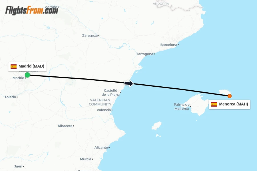 Flights from Madrid to Menorca route map