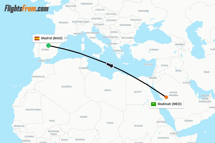 Flights from Madrid to Madinah route map