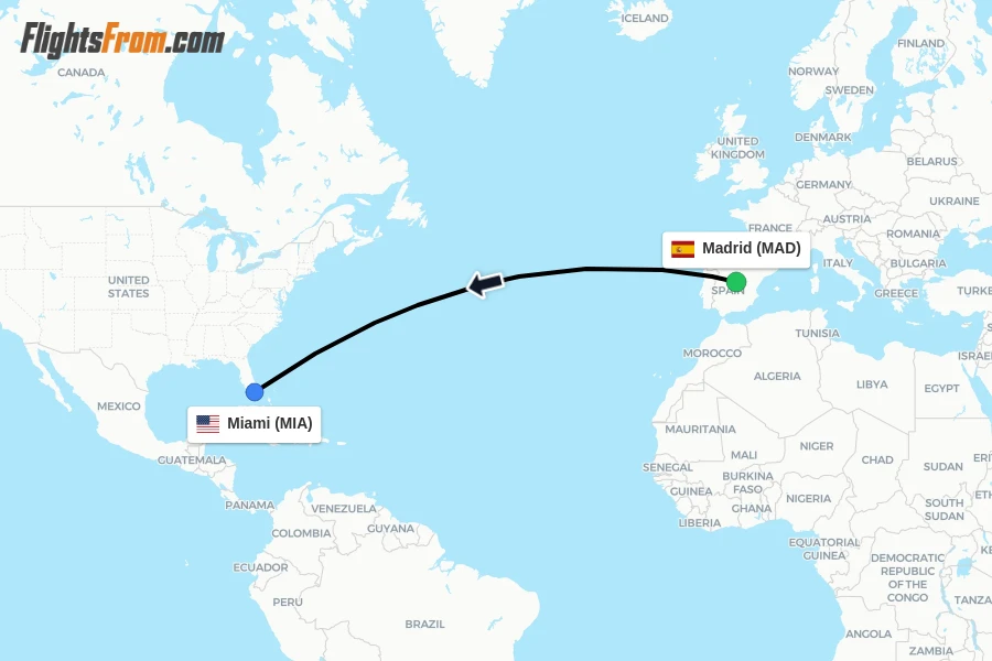 Flights from Madrid to Miami route map