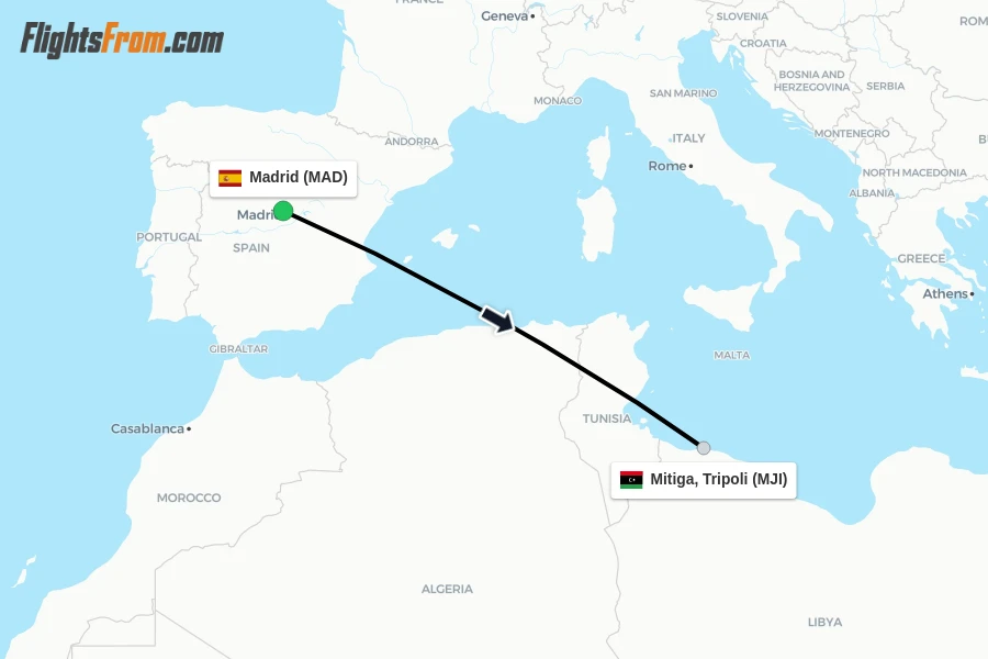 Flights from Madrid to Mitiga, Tripoli route map