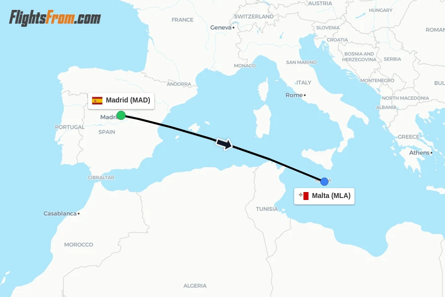 Flights from Madrid to Malta route map