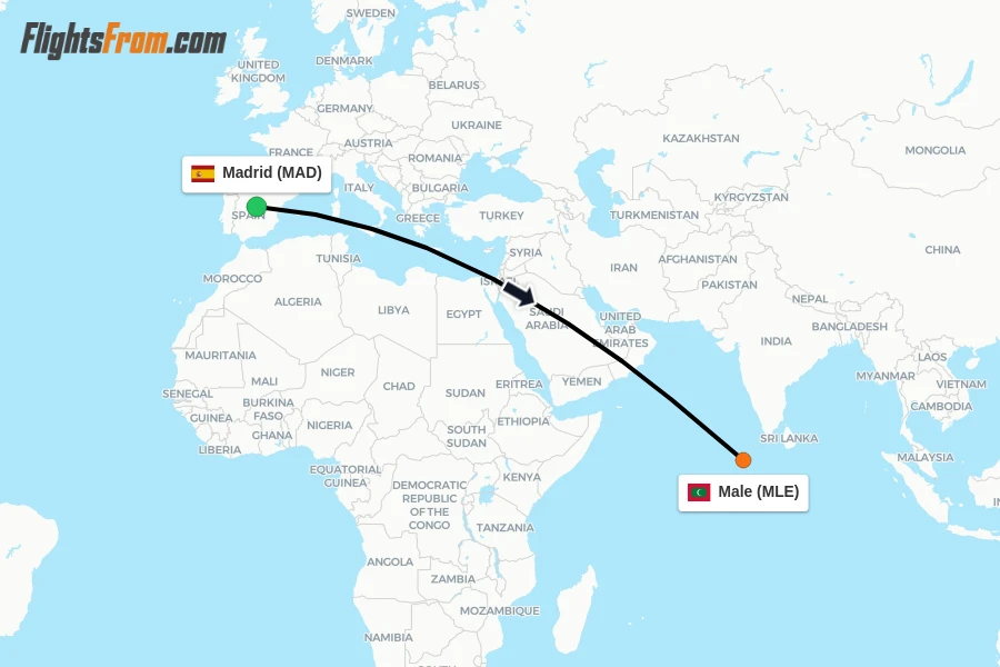 Flights from Madrid to Male route map