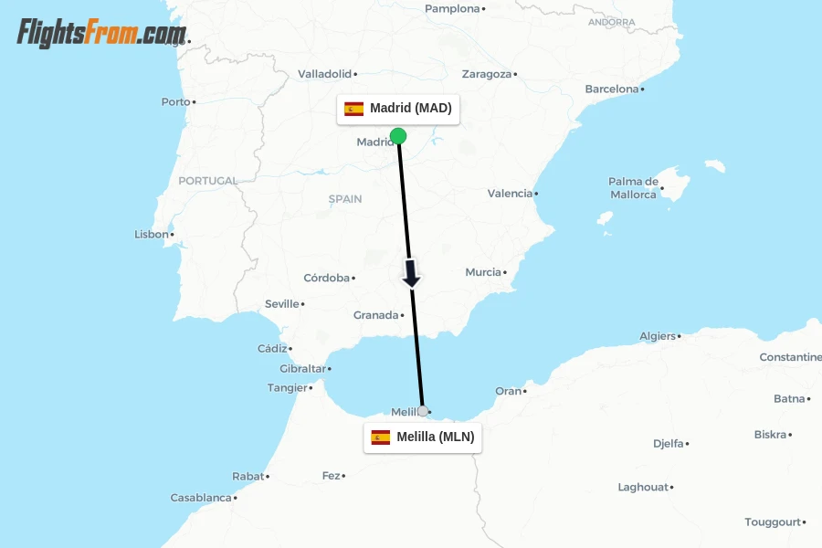 Flights from Madrid to Melilla route map