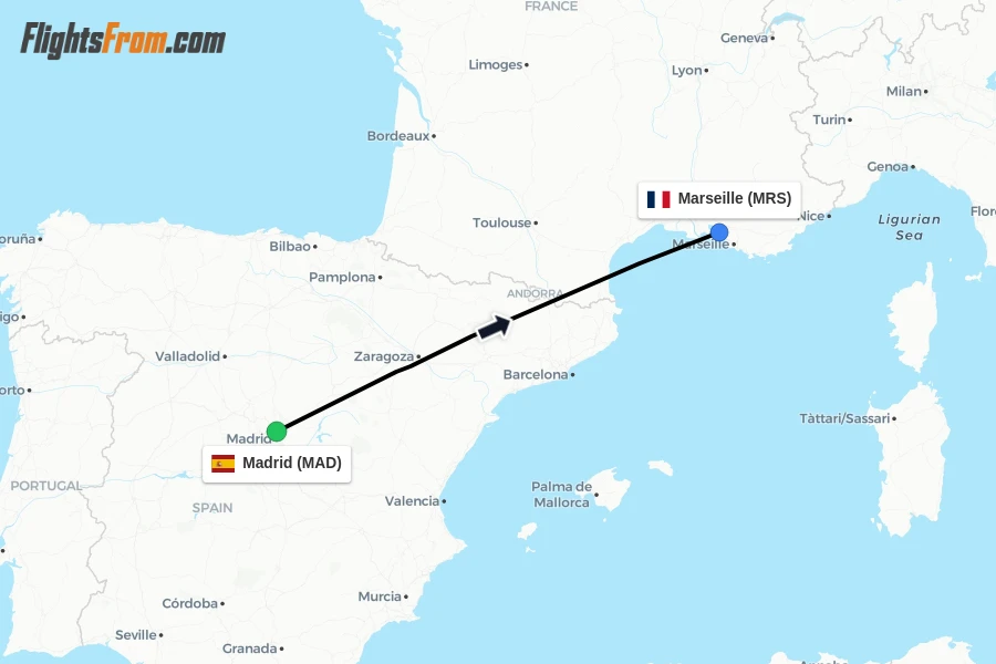 Flights from Madrid to Marseille route map