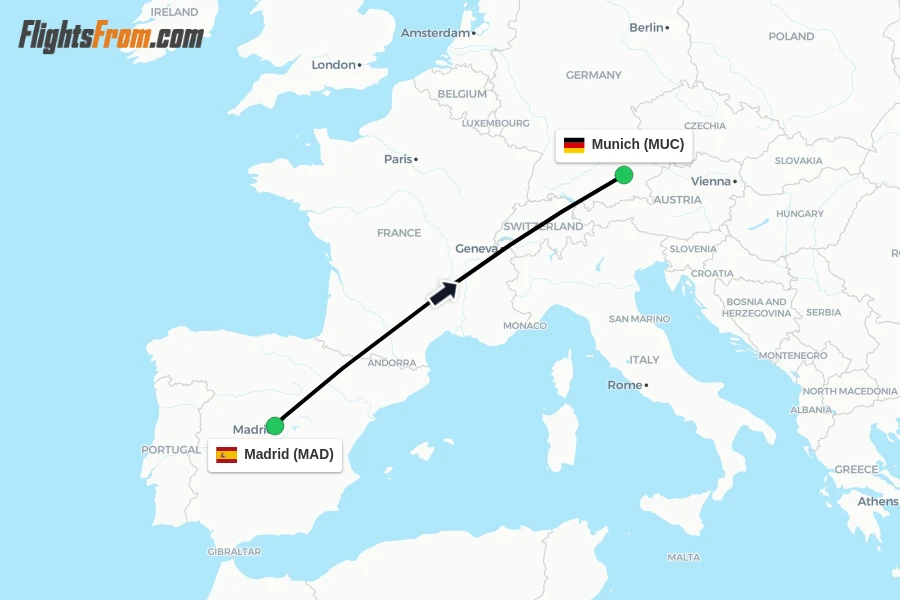 Flights from Madrid to Munich route map