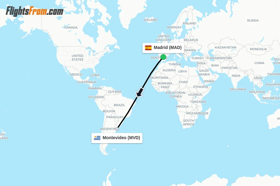 Flights from Madrid to Montevideo route map
