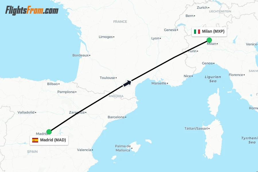 Flights from Madrid to Milan route map