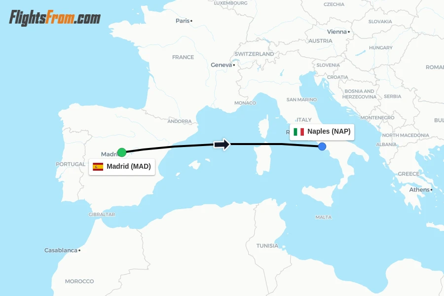 Flights from Madrid to Naples route map