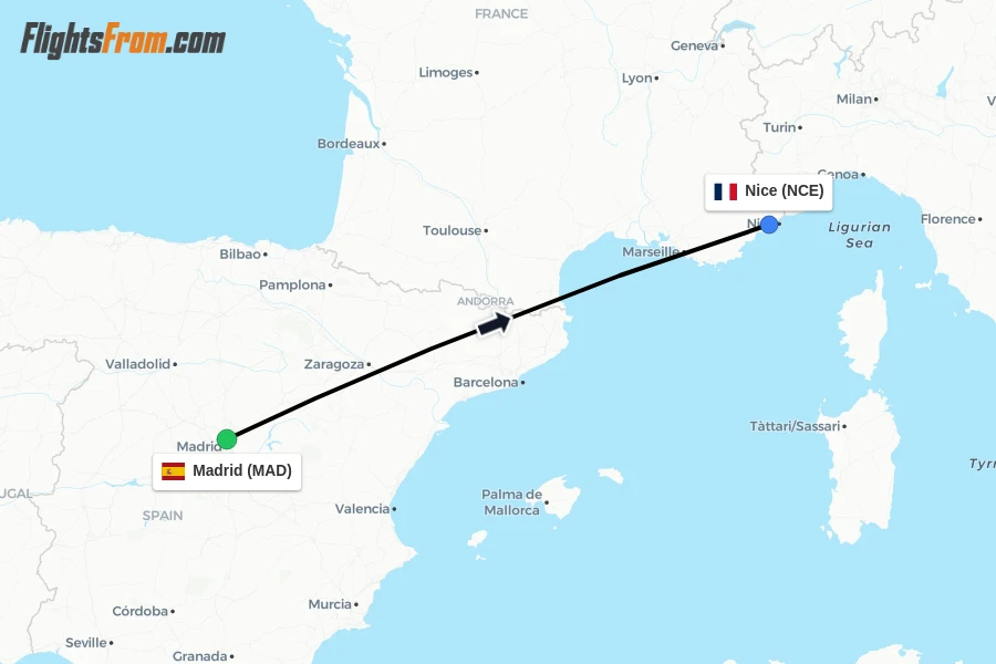 Flights from Madrid to Nice route map