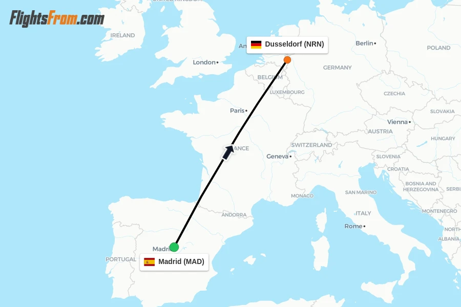 Flights from Madrid to Dusseldorf route map