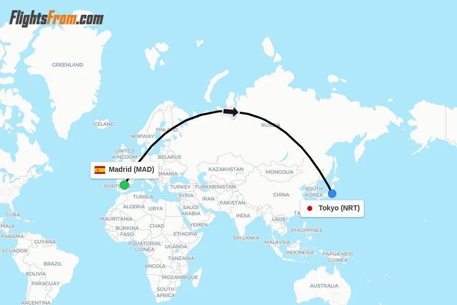Flights from Madrid to Tokyo route map